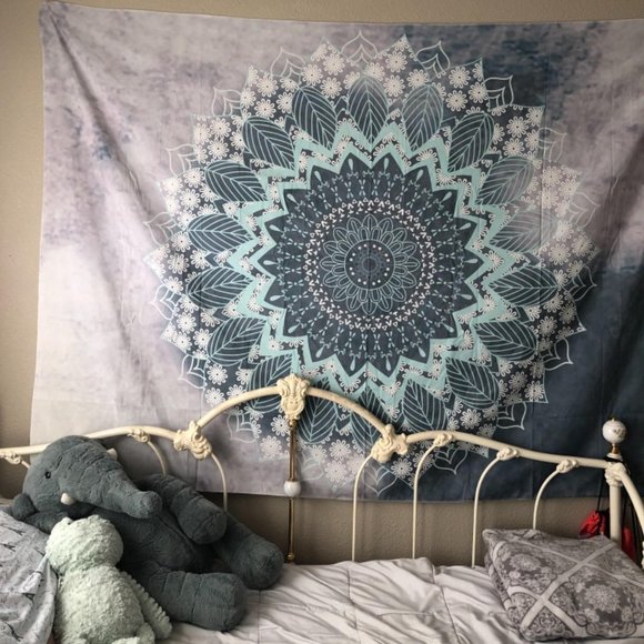 Grey/Teal Mandala Floral Leaf Boho Indie Tapestry/Blanket - Picture 7 of 8